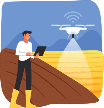 Smart Farming with Agricultural Drone &ndash; Farmer Using Tablet for Crop Monitoring Vector Illustration