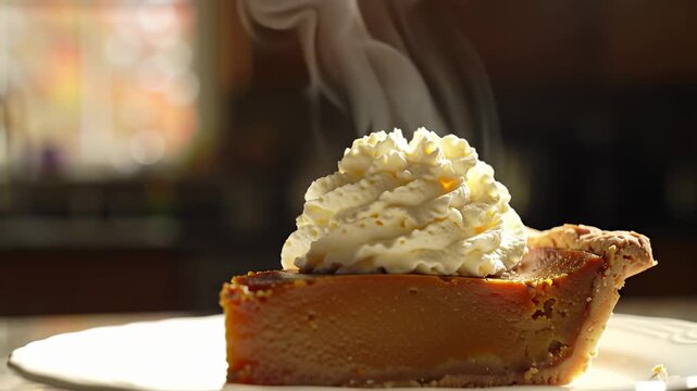 Steaming slice of pie topped with whipped cream on a white plate in soft light