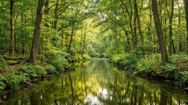 Forest with sunlight filtering through trees and calm waterway, lush natural landscape, peaceful woodland reflection, serene atmosphere, realistic detail, no logos