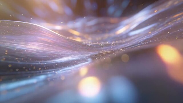 Rising warm light starting iridescent surface undulating in studio making glitter specks sparkle