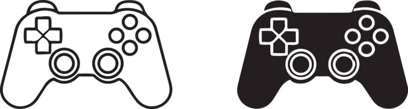 Two game controllers, one outlined and one filled, on a transparent background.