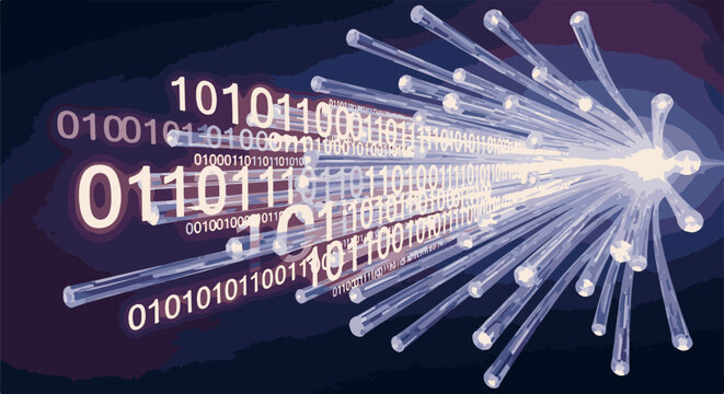 Abstract digital data streams flowing through fiber optics with binary code