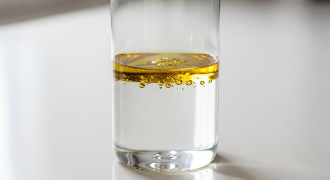 Oil and water layered in a clear glass