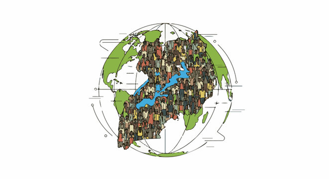 A stylized globe with continents depicted by dense crowds of people