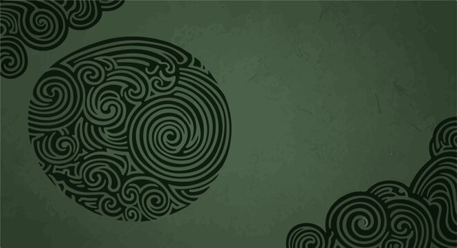 Abstract circular and wave patterns on a textured green background