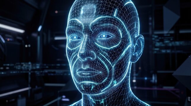 A digital human face formed from a wireframe mesh with glowing highlights, luminous contours, dark modern backdrop, refined futuristic atmosphere, ultra-realistic, no logos.