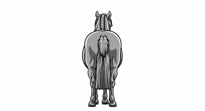 A stylized, grayscale depiction of a horse from behind