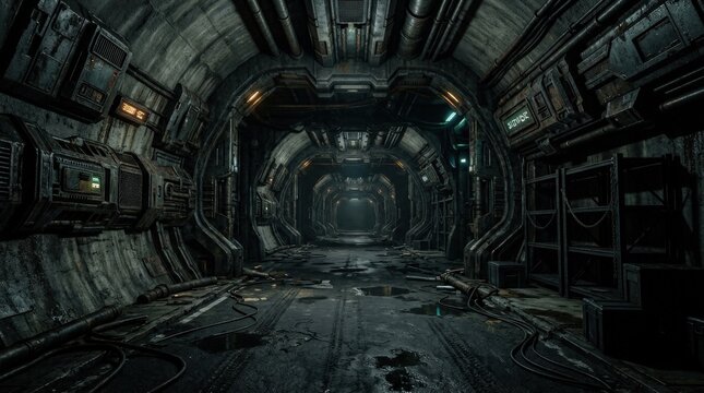 A dark underground warehouse tunnel with cement, asphalt and alien metal plates, moody grunge textures and realistic industrial depth, ominous sci-fi atmosphere with empty cinematic space,