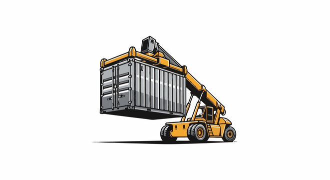 A yellow container handler lifts a gray shipping container against a white background