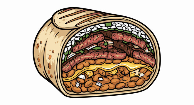A stylized illustration of a hearty, generously filled burrito cut in half
