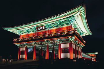 Fototapeta premium Woljeonggyo Bridge, Gyeongju, South Korea, with night lights evening illumination, covered bridge, Silla Dynasty Pavilion, North Gyeongsang Province, Silla dinasty traditional Korean architecture