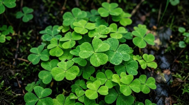 Close-up lush green clover leaves on dark background, fresh botanical pattern with vibrant spring color and crisp natural detail, realistic finish, no logos