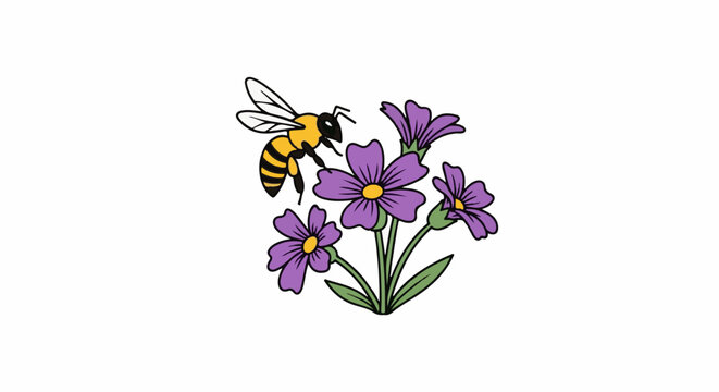 A stylized bee flies towards a cluster of purple flowers