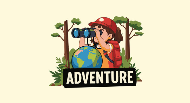A young explorer with binoculars and a backpack stands before the globe