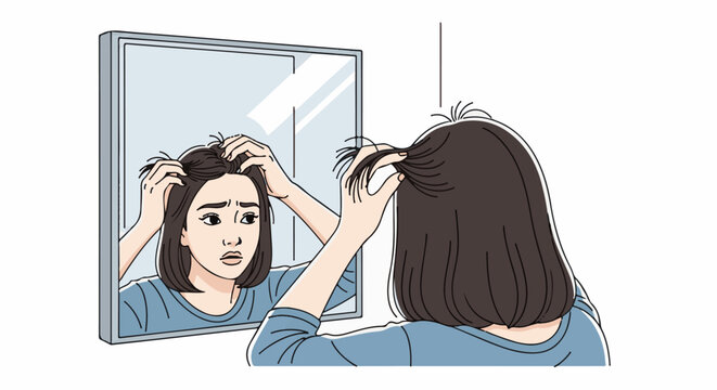 A young woman looks distressed as she examines her hair in a mirror