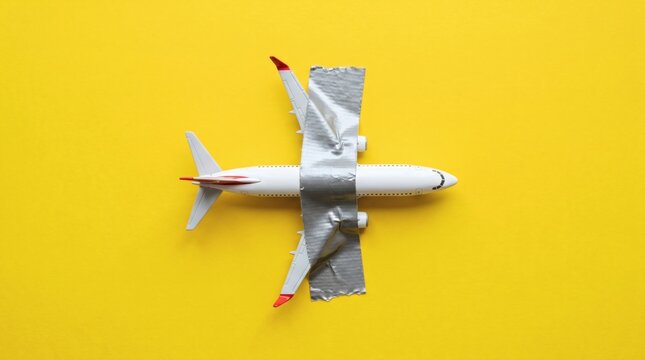 Toy airplane taped with duct tape on yellow background representing poor maintenance or budget travel.