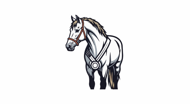 A white horse with a halter and medal stands proudly