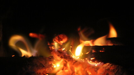 Fototapeta premium Wooden logs are burning in the fireplace. Tongues of flame on a dark background. 