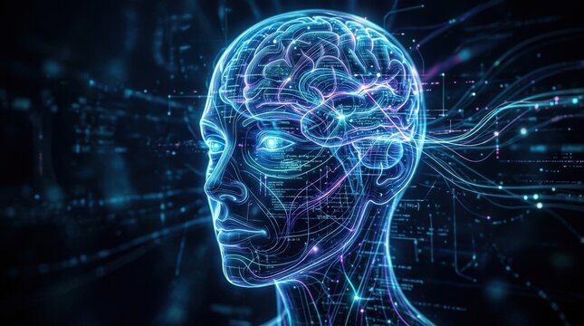 An abstract digital human head formed by glowing lines, sleek contours, luminous data paths, dark immersive backdrop, futuristic and intelligent atmosphere, ultra-realistic, no logos.