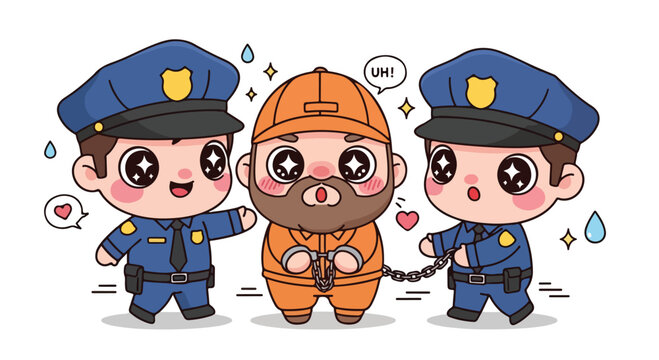 Cartoon police officers arresting a prisoner in orange jumpsuit with handcuffs