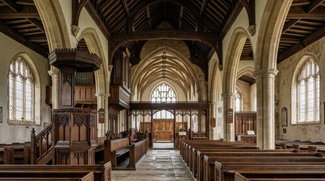 Architectural details inside a Protestant church, refined woodwork, vaulted ceiling and soft daylight filtering through windows, quiet reverent atmosphere, ultra-realistic, no logos.