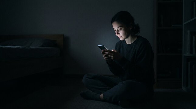 Nighttime Digital Immersion: A person, immersed in the digital world, gazes intently at a smartphone screen, illuminated by its glow in a dim interior. 