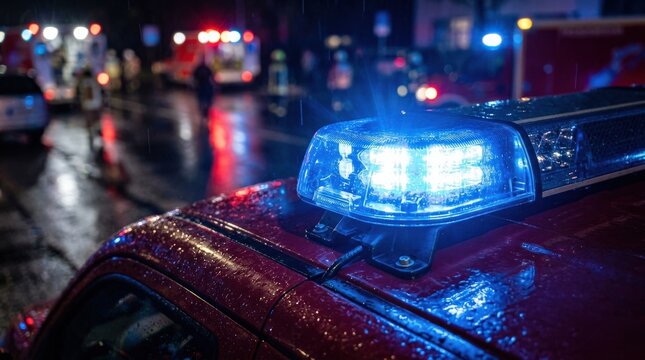 A close-up of a blue flashing siren light on a red emergency vehicle, reflective surfaces, intense glow and shallow depth of field, dramatic lighting and a tense urgent atmosphere, ultra-realistic, no