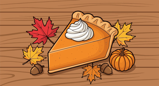 A slice of pumpkin pie with whipped cream, surrounded by autumn leaves and pumpkins