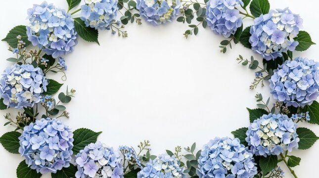 Blue hydrangea flower border, elegant floral frame with delicate blossoms and clean white background for greeting or wedding design, soft pastel detail, refined realistic look, no logos