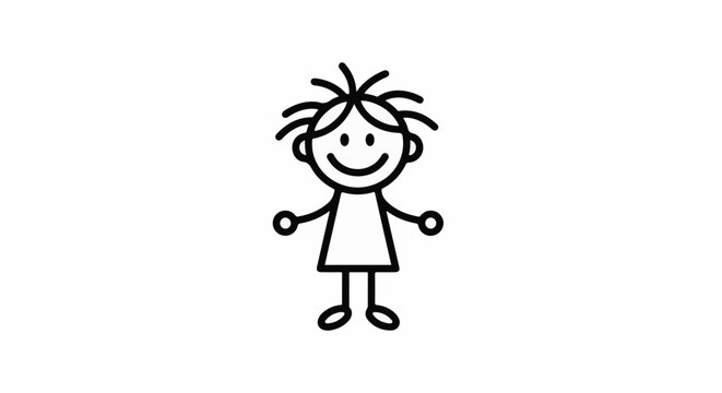 A simple black and white stick figure drawing of a happy child