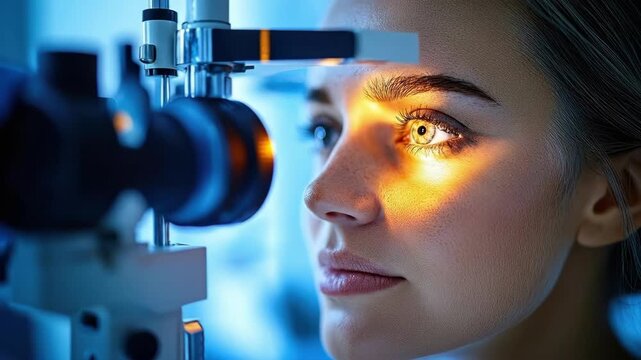 Young caucasian woman undergoes eye exam with advanced optometry equipment