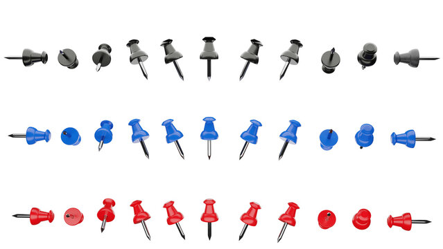 Push Pins Set in Multiple Colors and Angles Isolated on Transparent Background &ndash; Office Thumbtacks Collection