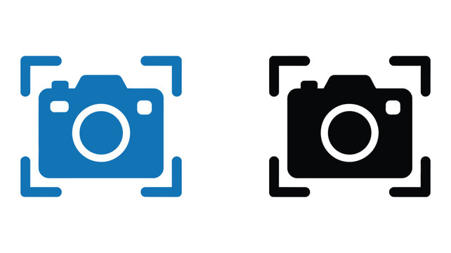 Camera focus icon, blue black interface designs, digital photography symbols, lens targeting concept, isolated background, vector illustration