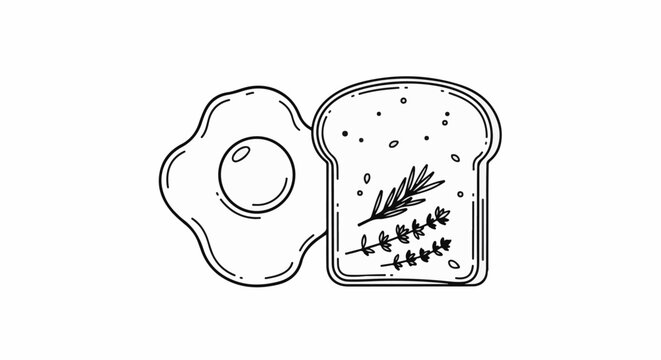 A simple line drawing of a fried egg and toast with herbs