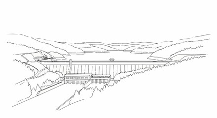 Fototapeta premium A striking black and white sketch of a large dam holding back a vast body of water