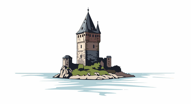 A stone fortress, rising from a small island surrounded by water