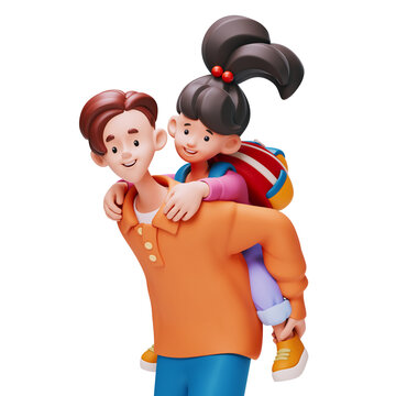 3D rendering of a joyful stylized asian family on a white background, three quarter length view. Cute kawaii characters, a young father giving his little daughter a piggyback ride. Smiling faces.