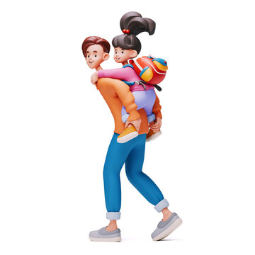 3D rendering of a joyful stylized asian family on a white background, full length view. Cute kawaii characters, a young father giving his little daughter a piggyback ride. She wears a school backpack.