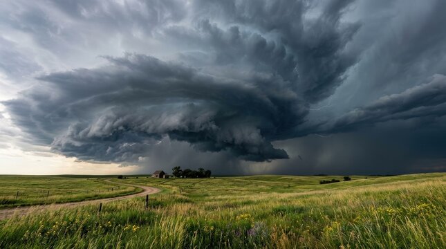 Massive storm cloud formation over a serene grassy field, dramatic weather and landscape concept with sweeping sky textures, calm foreground and cinematic tension for nature and editorial themes,