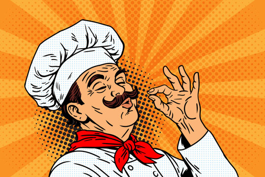 Pop Art Chef Making Chef's Kiss Gesture - Retro Comic Style Cook with Mustache Showing Perfection Sign on Orange Halftone Background