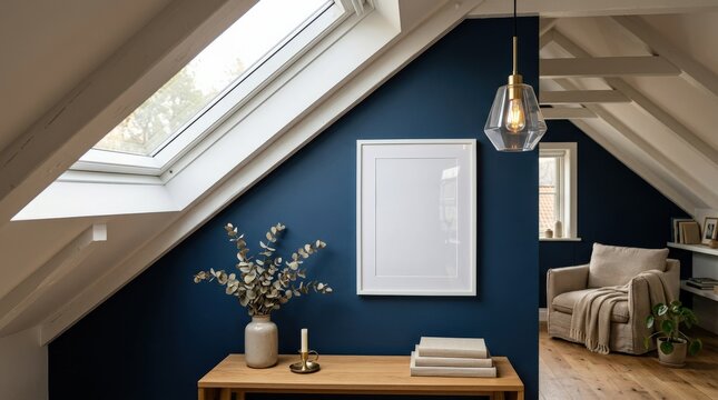 A blank white frame on a navy blue attic wall beneath a skylight and pendant light, clean home decor styling and angled architecture, soft daylight and a modern cozy atmosphere, ultra-realistic, no
