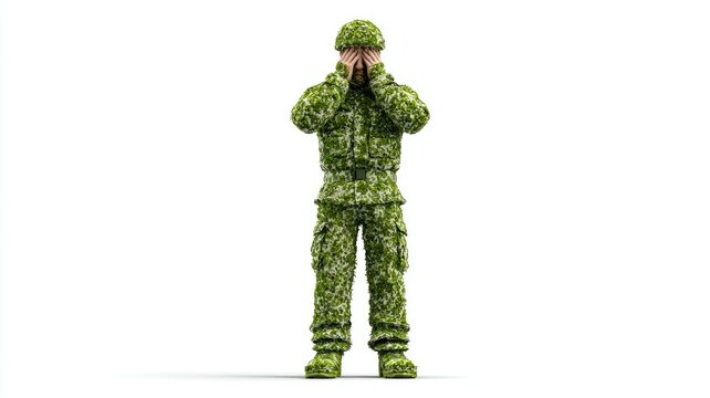A Grieving Soldier in Surreal Leaf Camouflage Hides His Face in Despair