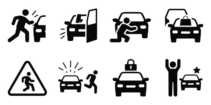 Car break in icon, theft prevention graphics, vehicle security symbols, anti theft protection concept, automotive safety vector illustration