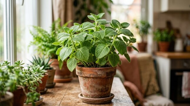 A vibrant Plectranthus amboinicus in a terracotta pot, textured foliage, softly blurred indoor backdrop, natural home-garden light, fresh cozy atmosphere, ultra-realistic, no logos.