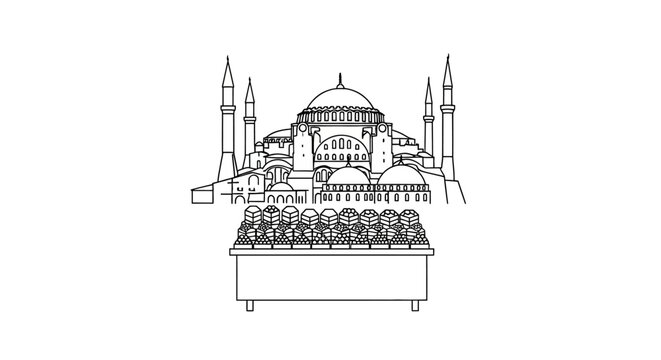 Intricate Architectural Illustration of the Hagia Sophia Mosque in Istanbul.