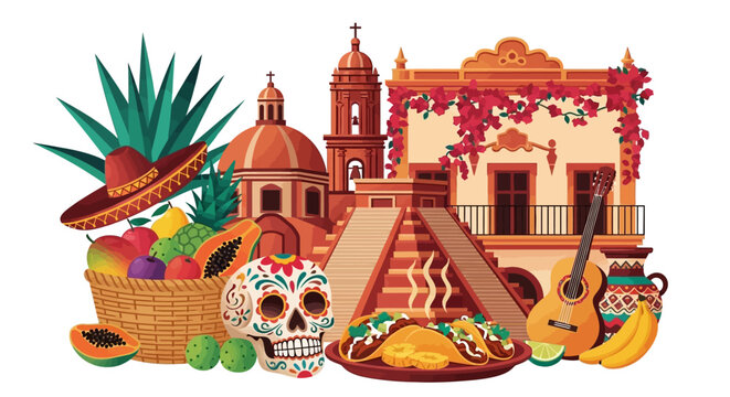 A colorful still life celebrates Cinco de Mayo, featuring a sugar skull, tacos, and fruit basket alongside a sombrero and guitar in a festive Mexican celebration with pyramid and building