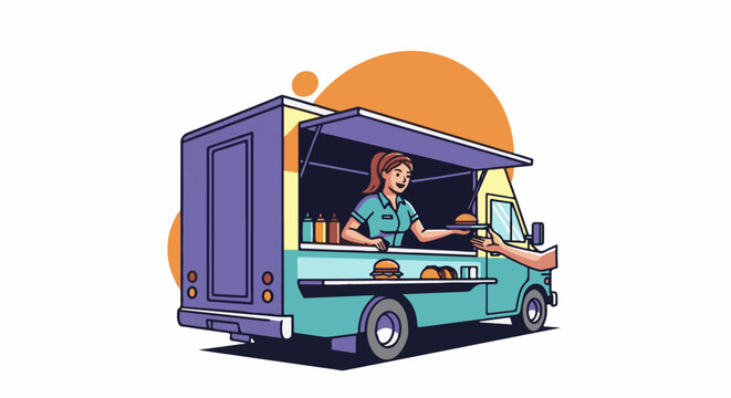 A smiling vendor serves a burger from a brightly colored food truck