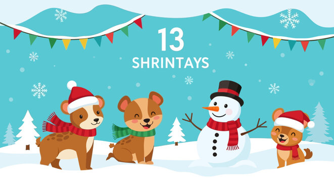 Cute dogs and snowman in winter scene.