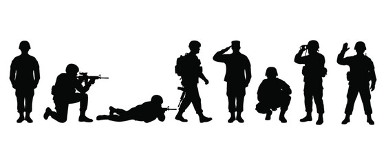 Obraz premium Multiple soldier silhouettes in action, lying prone with rifles, kneeling, and standing alert.