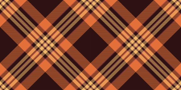 Knot check tartan texture, hobby background seamless vector. Checkered plaid textile fabric pattern in orange and dark colors.